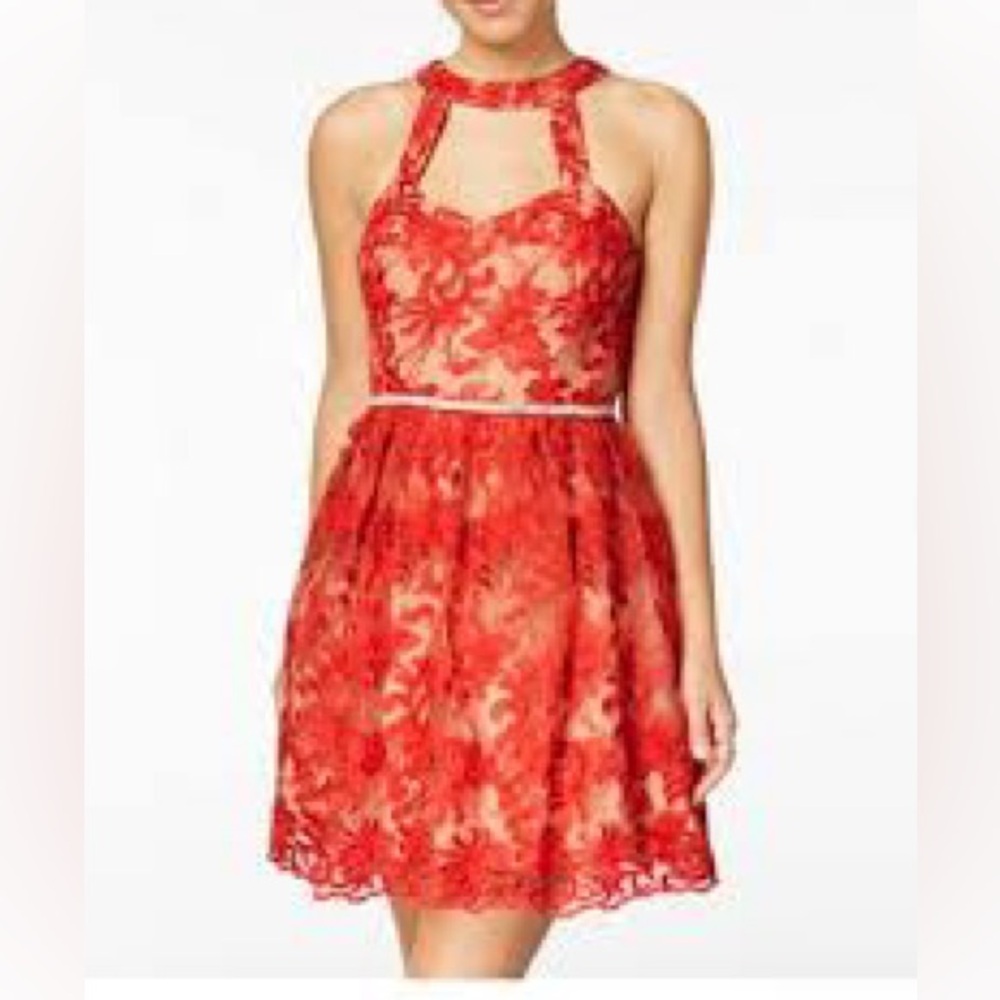 Red Lace Halter Fit & Flare Prom Dress